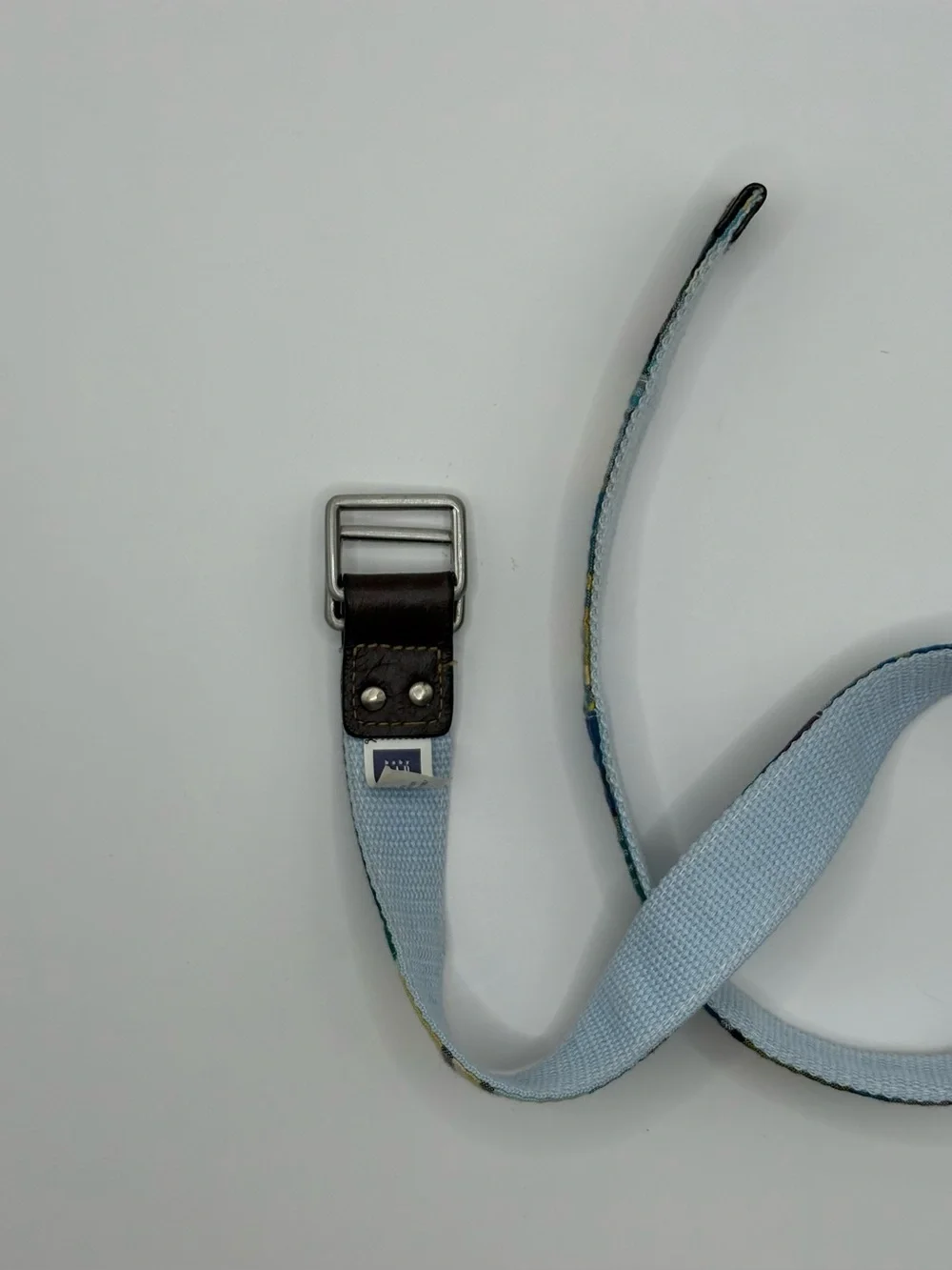 Gap Kids Plaid Canvas Belt Blue Green Yellow Leather Trim Adjustable Belt